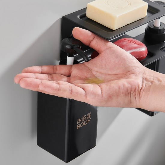 Black Plastic Manual Liquid Hand Soap Dispenser Double Head with Aluminum Soap Dish Bathroom Shelf