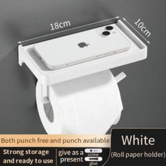 Aluminum Black Toilet Paper Holder Bathroom Storage Rack With Phone Shelf Wall Mounted